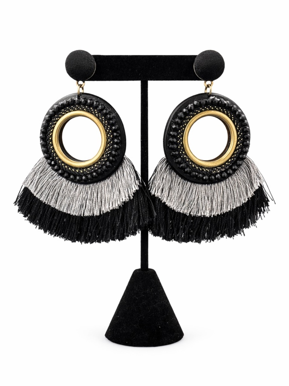 Black & Silver Fringe Hoop Statement Earrings